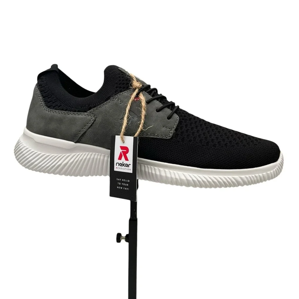 Rieker Men's Max Casual Sporty Shoes‎ Size 10.5 (EU 44) Black/Grey Knit Slip-on